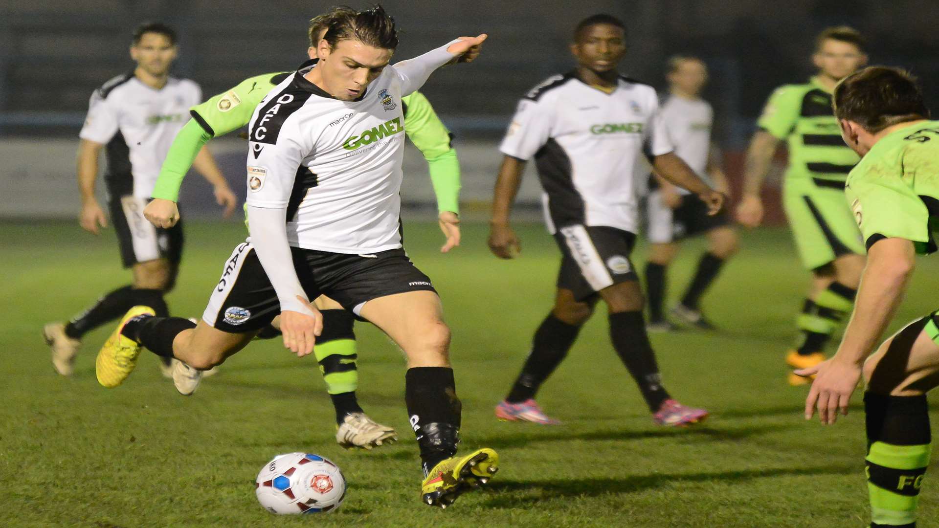 Liam Bellamy in action for Dover in the Vanarama Conference clash with Forest Green Rovers earlier this season