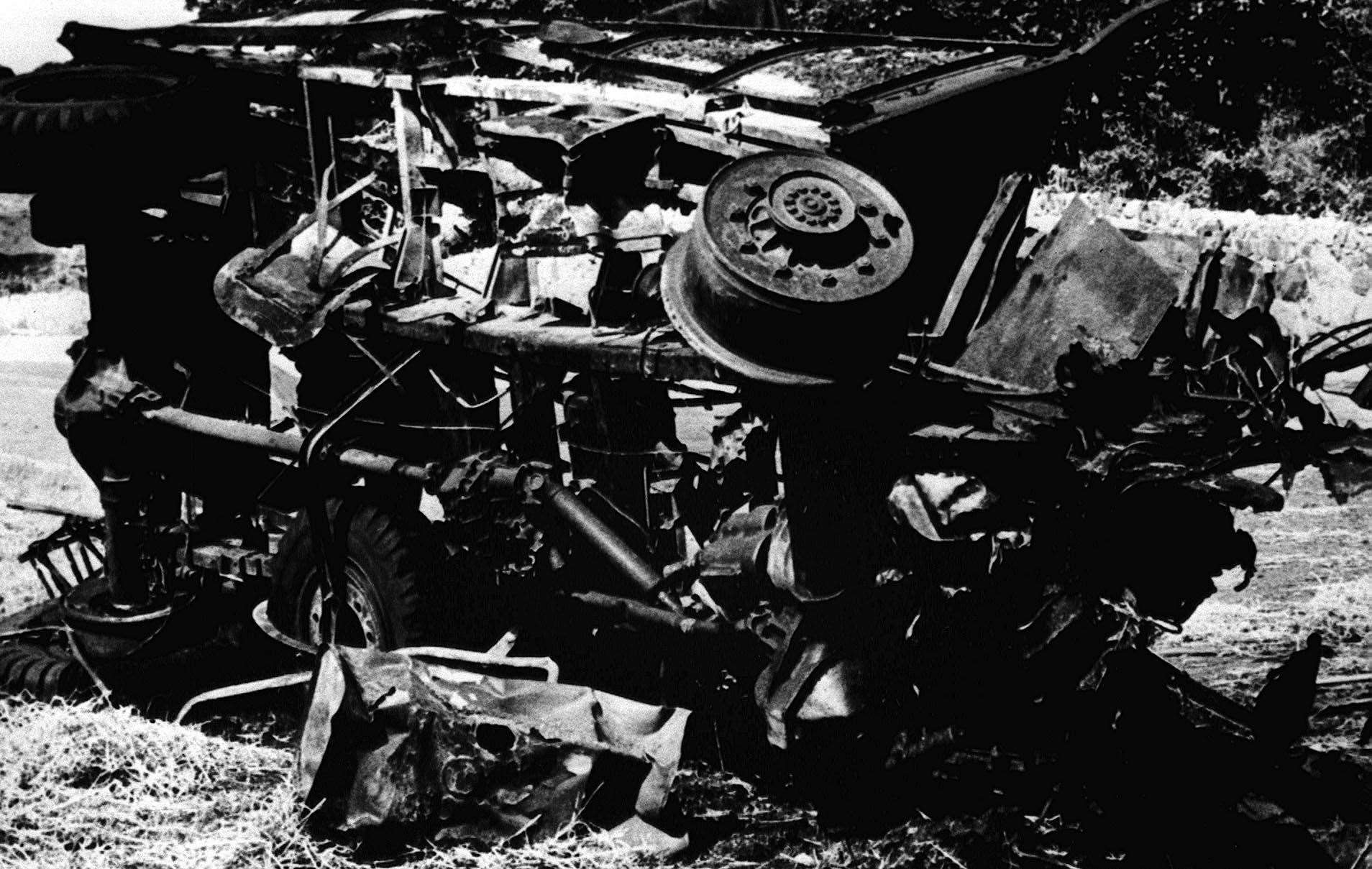 The remains of an Army truck which caught the full force of an IRA bomb at Warrenpoint, County Down, in 1979 (PA)