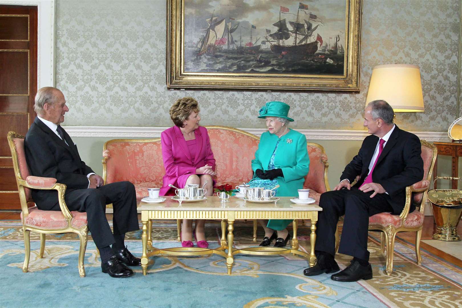 The Queen has tea with the Duke of Edinburgh, Irish President Mary McAleese and Dr Martin McAleese at Aras An Uachtarain in Phoenix Park, Dublin (Mark Maxwell/PA)