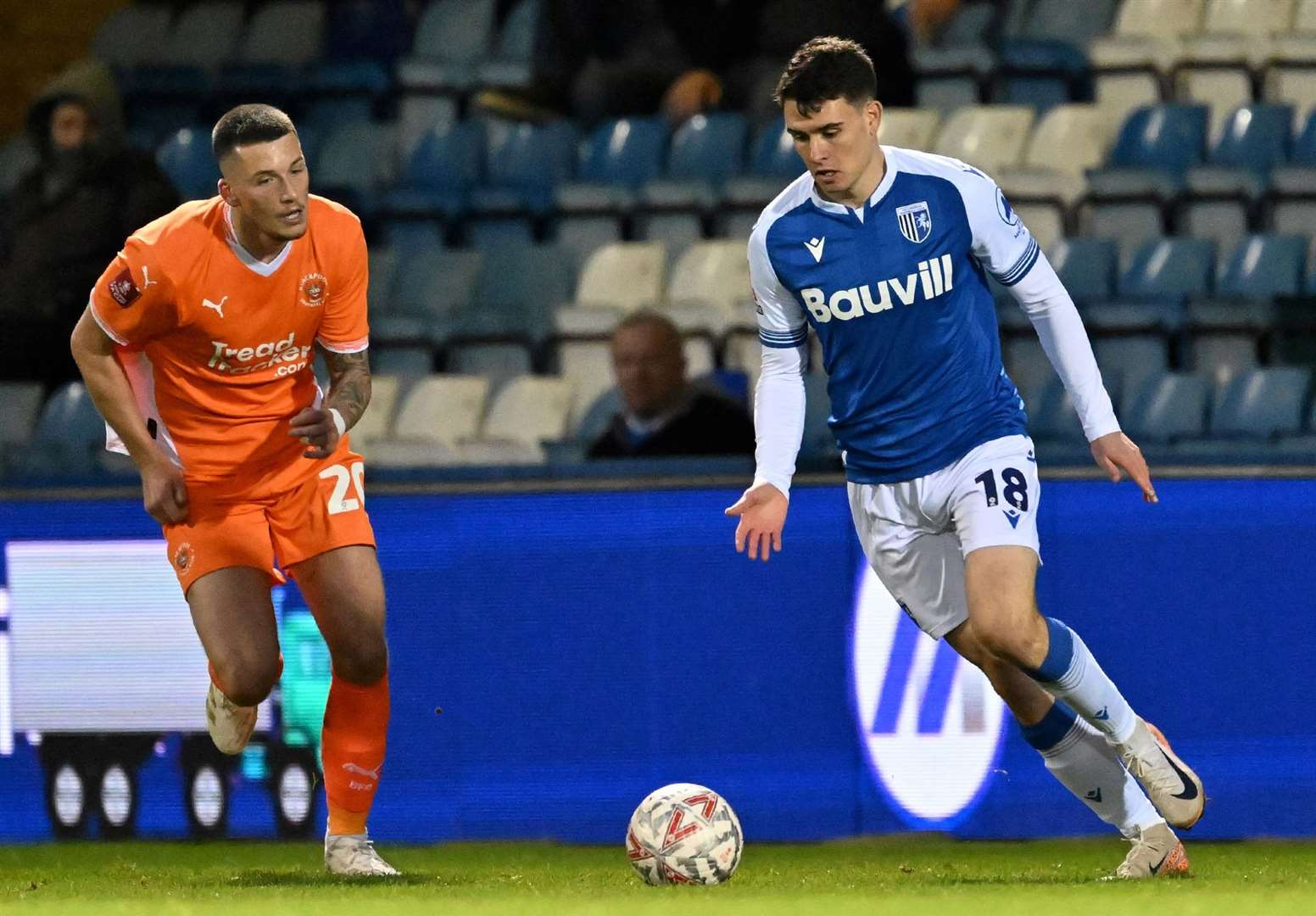 Marcus Wyllie on the ball for Gills against Blackpool in their FA Cup first-round tie. Picture: Keith Gillard