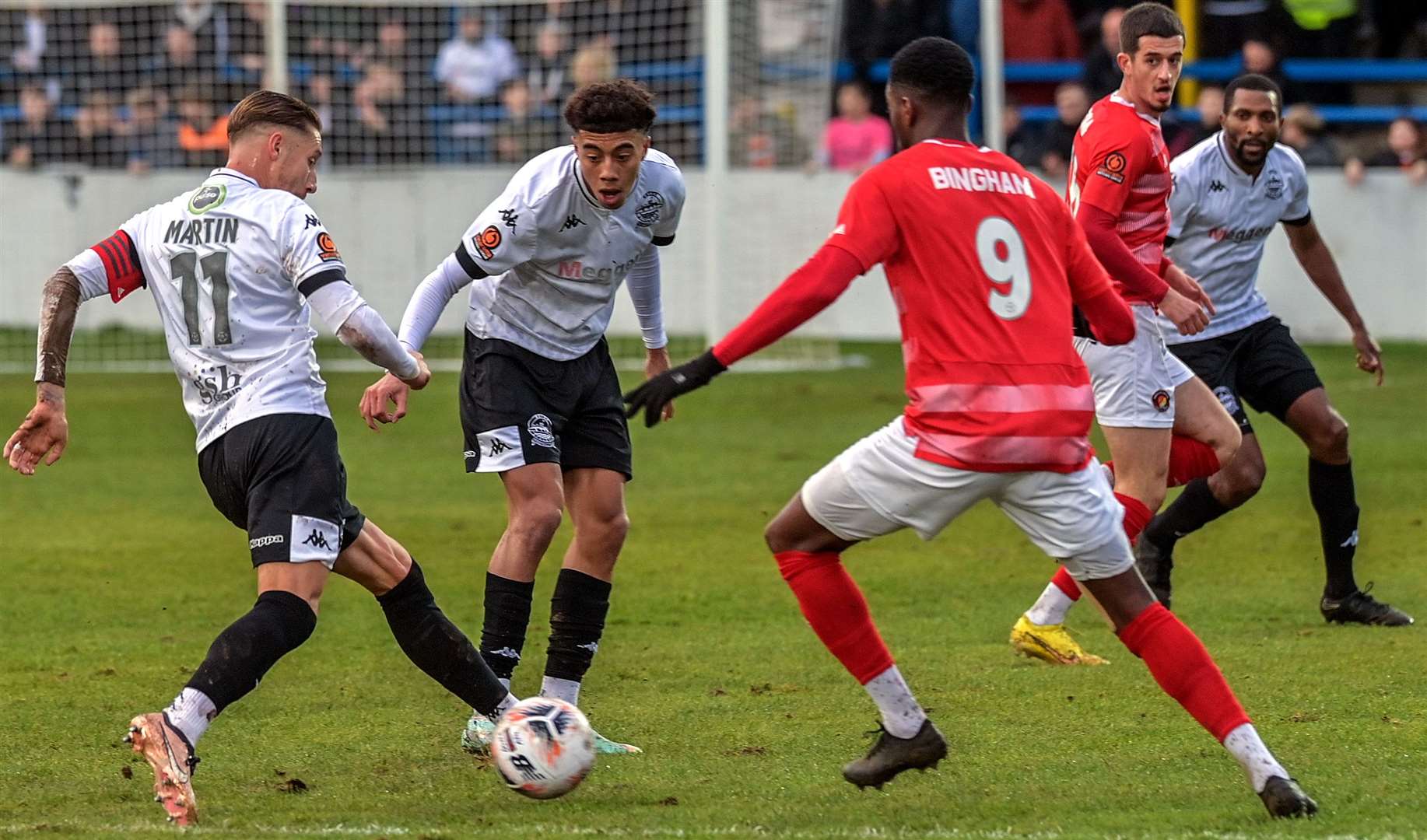 Ebbsfleet's Rakish Bingham closes down Dover captain Lee Martin during Whites' 2-1 weekend defeat. Picture: Stuart Brock