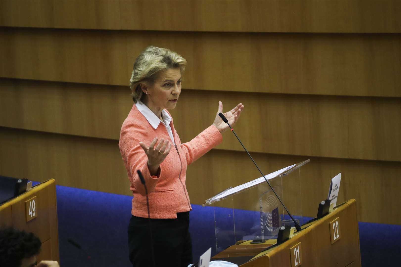 European Commission President Ursula von der Leyen speaks during a plenary session at the European Parliament in Brussels (Francisco Seco/AP)