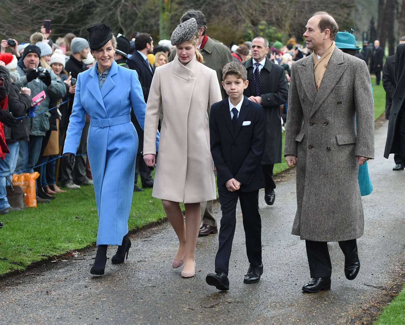 The Countess of Wessex, Lady Louise Windsor, Viscount Severn and the Earl of Wessex at the Christmas Day morning church service in Sandringham (Joe Giddens/PA)