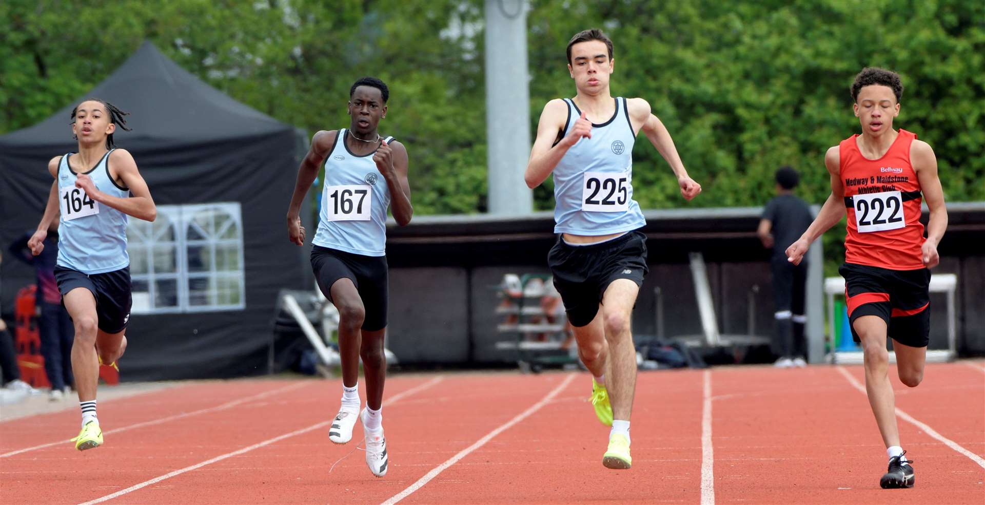 From left: Rhys Joyeux (fourth), Elijah Olaleye (third), Joshua Wellings (winner) and Lucas Cameron (second) in the under-15 boys’ 300m final. Picture: Barry Goodwin