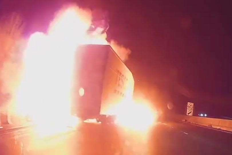 Anthony Moc was travelling along the M25 clockwise, between Junction 5 for Sevenoaks and Junction 6 near Godstone, last night when the Tesco lorry crashed into a barrier and burst into a fireball. Picture: Anthony Moc