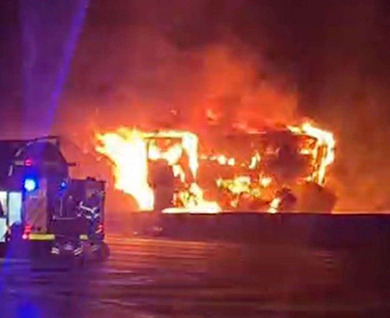 A screengrab from footage of the lorry on fire on the M25 on Sunday evening. Picture: Simona Andreeva/PA