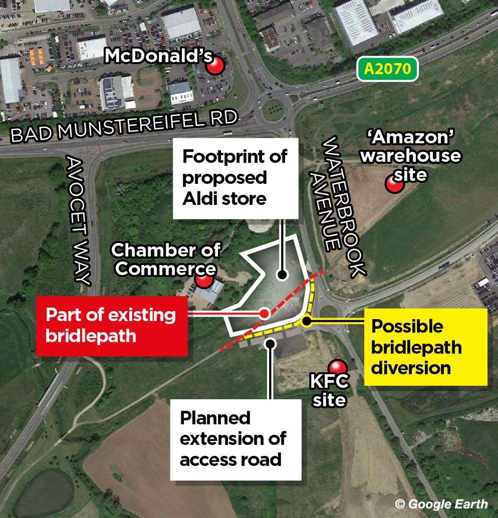 The bridleway could be moved so it cuts across the front of the store