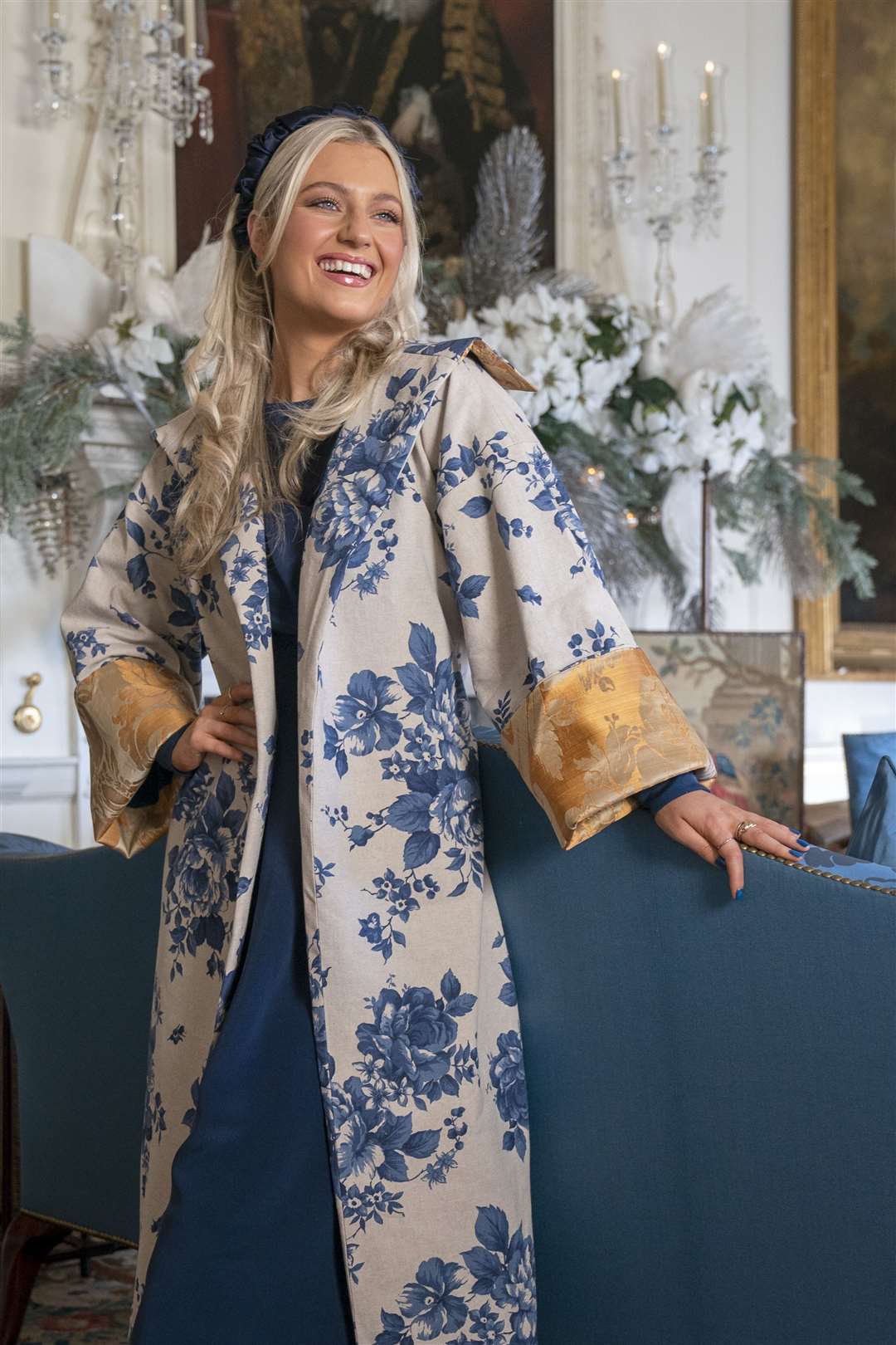 The handmade delft blue floral kimono coat with gold brocade cuff (Jane Barlow/PA)