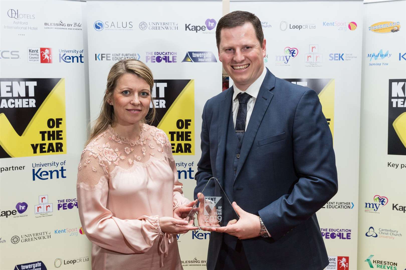 from left, University of Kent â Dr Zita Stone, Michael Beacher Overall Business Studies Teacher of the Year of Meopham School. Kent Teacher of the Year 2019 awards. Ashford International Hotel, SimonÃ© Weil Avenue, Ashford. .Picture Submitted by: Martin Apps.KM Group has permission to sell this image via photo sales and to re-sell the image to other media for single-use publication.. (10146167)