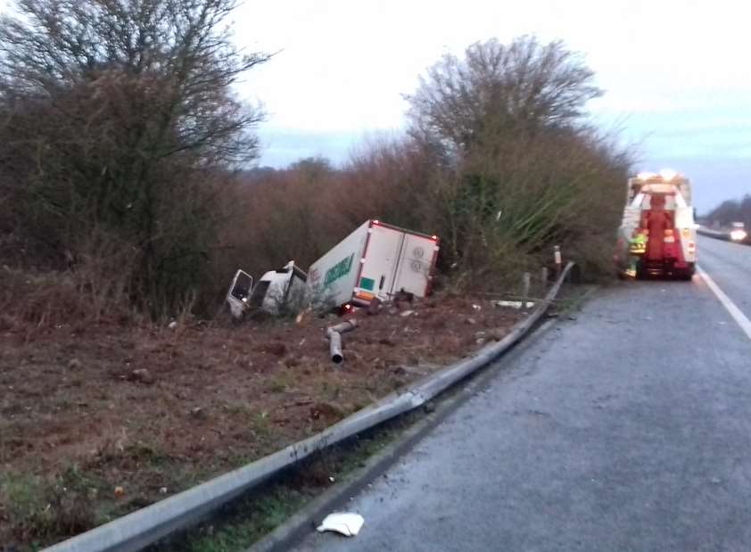 The lorry crashed off the M2 near Junction 5 for Sittingbourne. Picture: Highways England