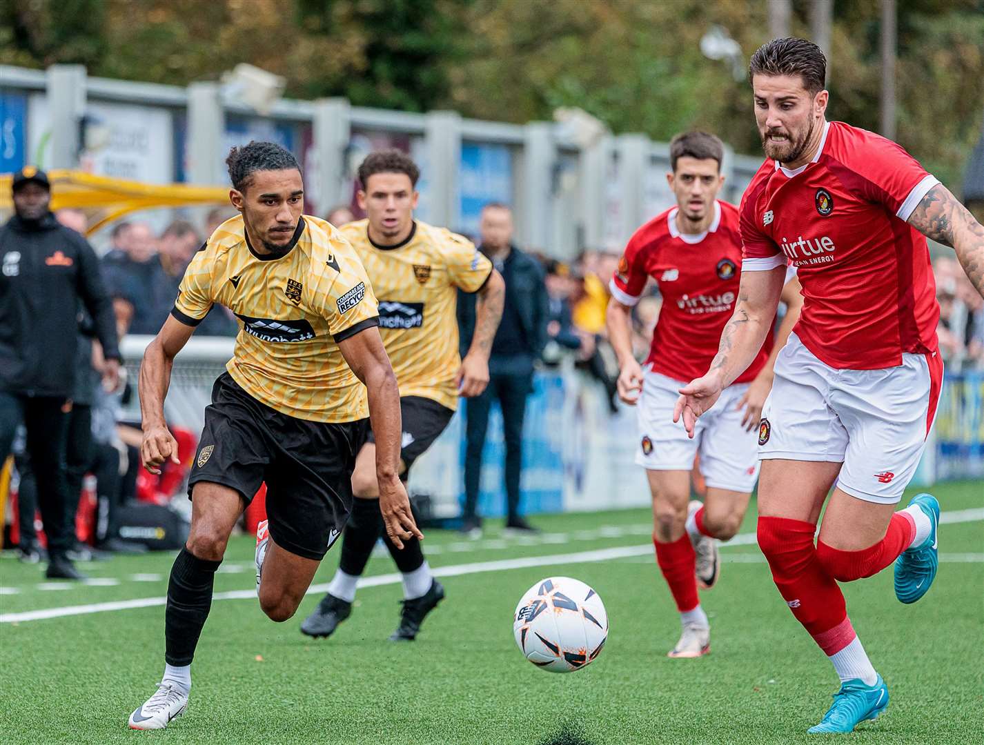 Maidstone United striker Aaron Blair runs at the Ebbsfleet defence. Picture: Helen Cooper