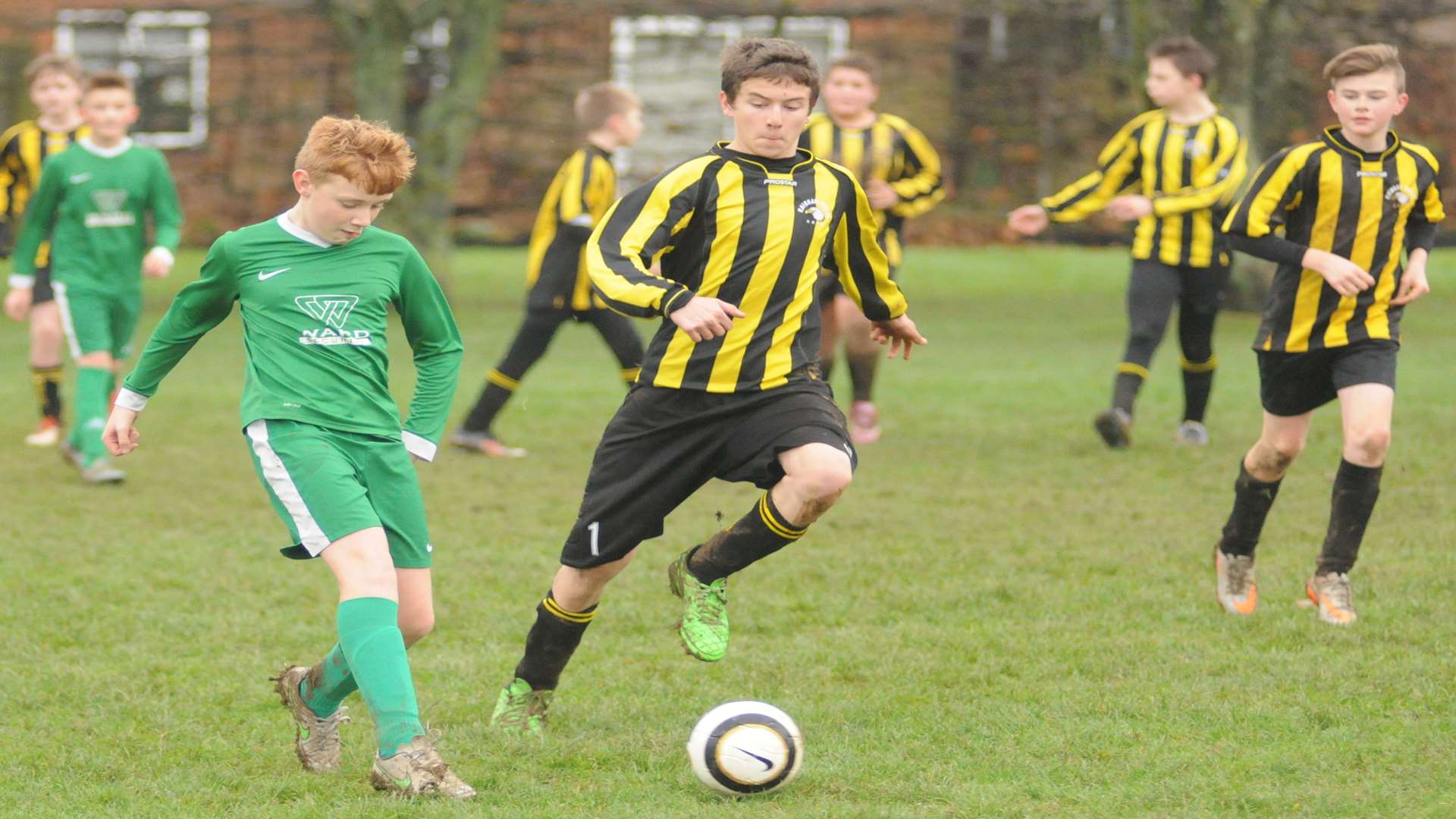 Rainham Eagles under-13s (stripes) Eagles contest the points in Division 3 Picture: Steve Crispe