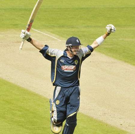Joe Denly celebrates his 100th run in Friday's semi-final in Durham. Picture: Barry Goodwin.