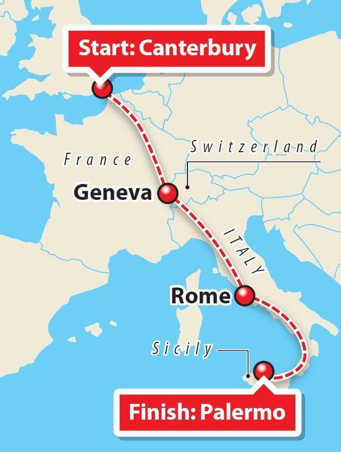 The route Ross took from Canterbury to Sicily