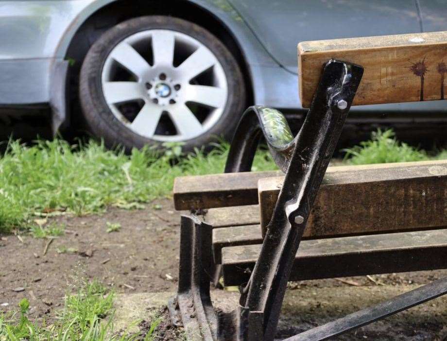 Damage to a bench along the path by the Faversham stream. Picture: Harry Mustoe-Playfair