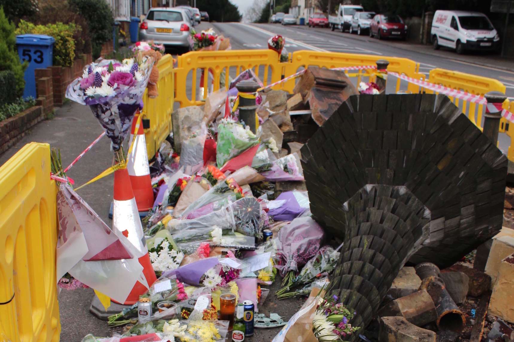 Tributes at the monument in London Road, Teynham