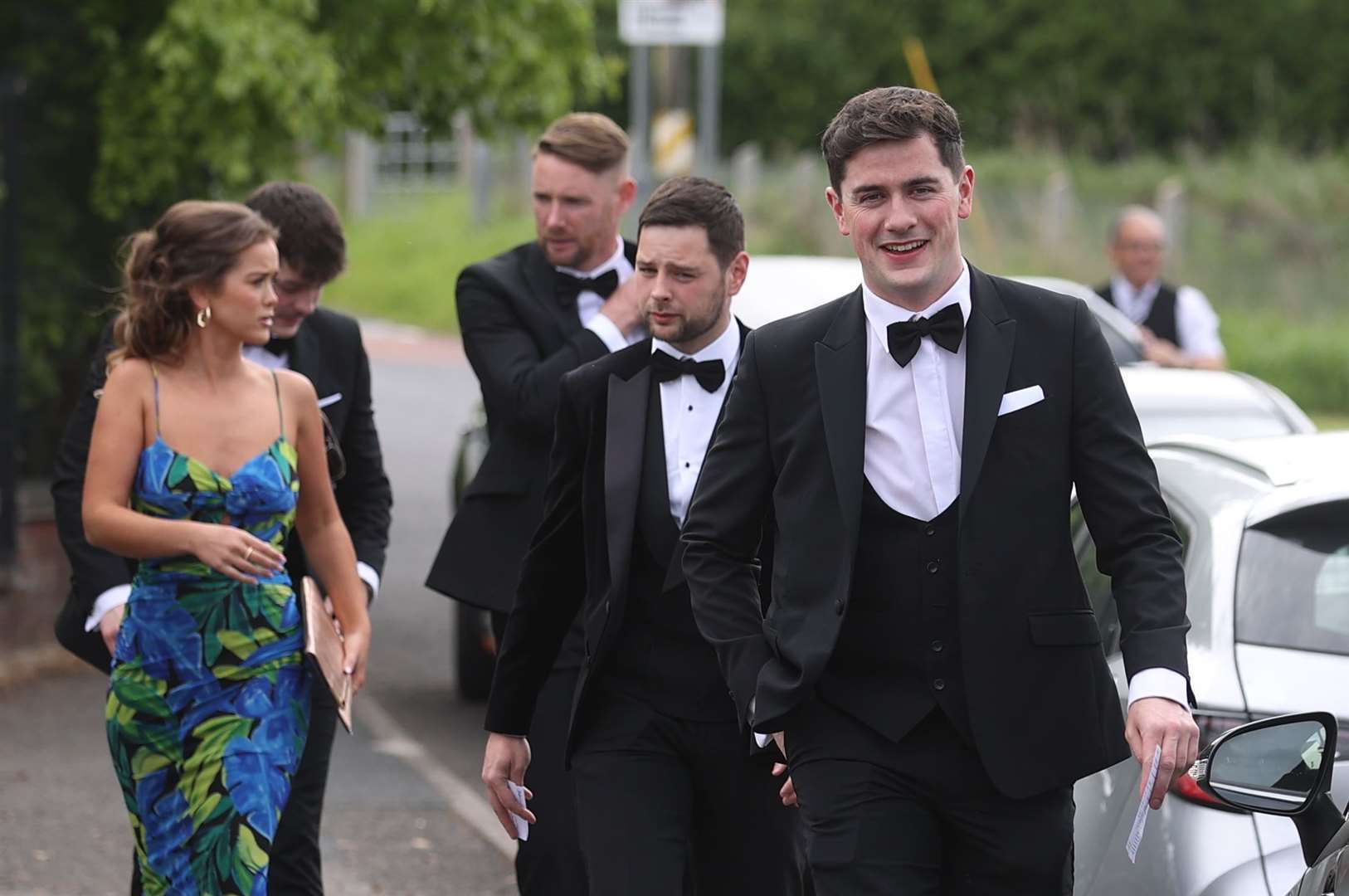 (left to right) Nicole, Blaine, Kevin, Pat and Johnny Campbell arrives at St Patrick’s Primary School polling station in Coalisland, County Tyrone so Pat can cast his vote in the Northern Ireland council elections before going off to get married. (Liam McBurney/PA)