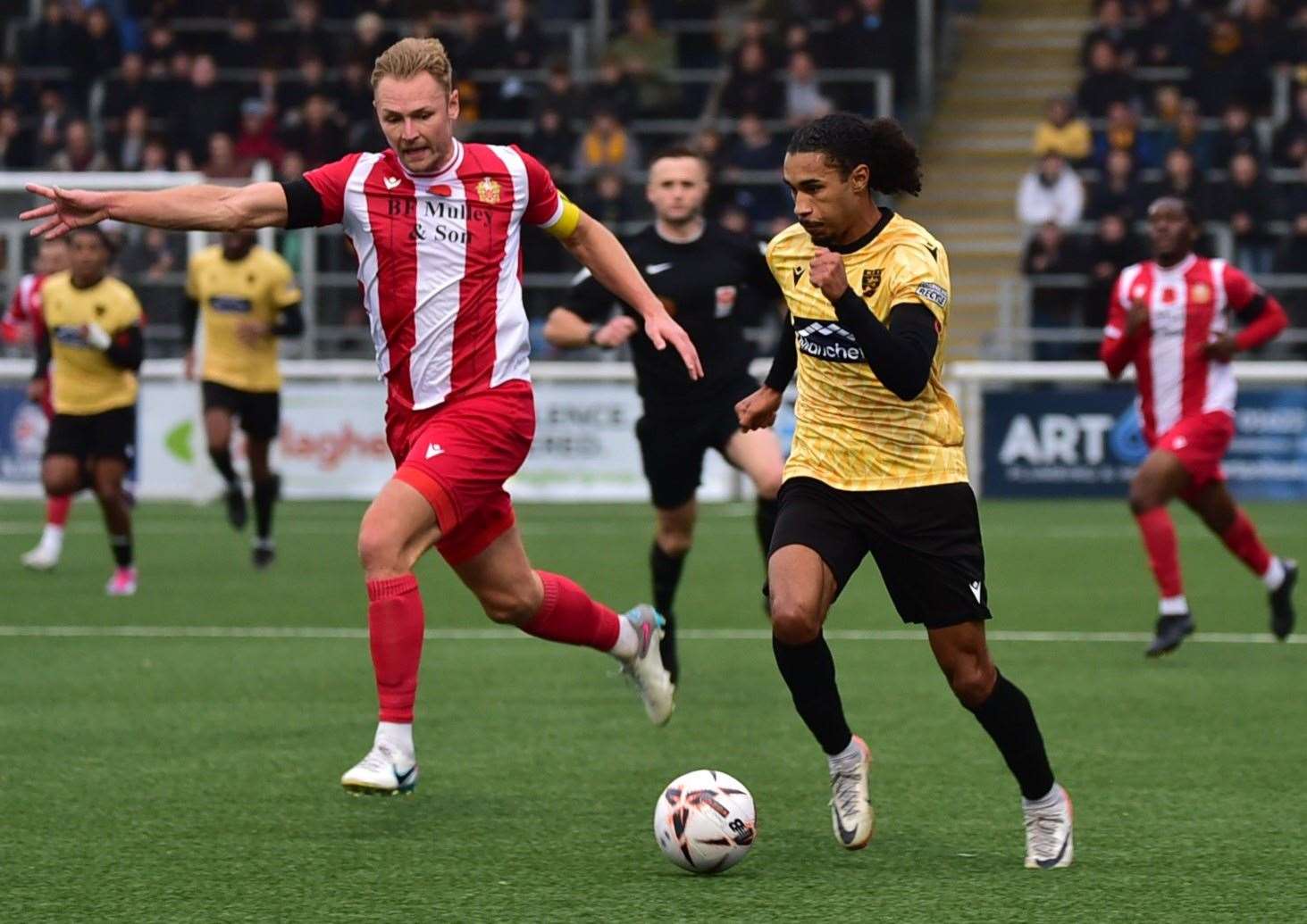 Maidstone striker Aaron Blair runs at the Hornchurch defence. Picture: Steve Terrell