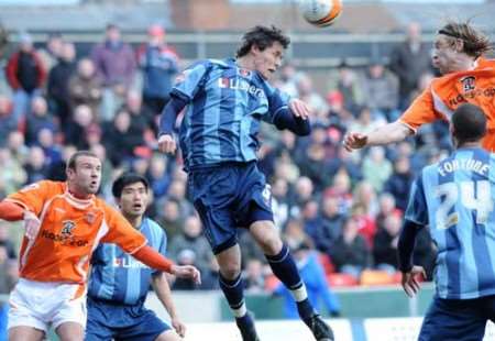 Charlton striker Andy Gray flicks a header on. Picture: BARRY GOODWIN