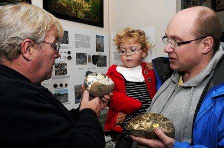 Fred Clouter fossil expert and author with Christopher Swain, and his daughter Lilly, five,with one of the collection of fossils on display.