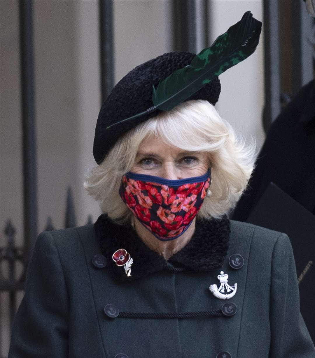 Camilla wearing a poppy covered mask during a visit to the Field of Remembrance (Eddie Mulholland/The Daily Telegraph/PA)