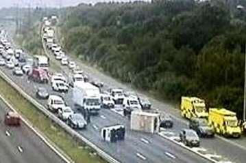 Overturned caravan on the A2 coastbound near Dartford Heath. Picture: Highways Agency