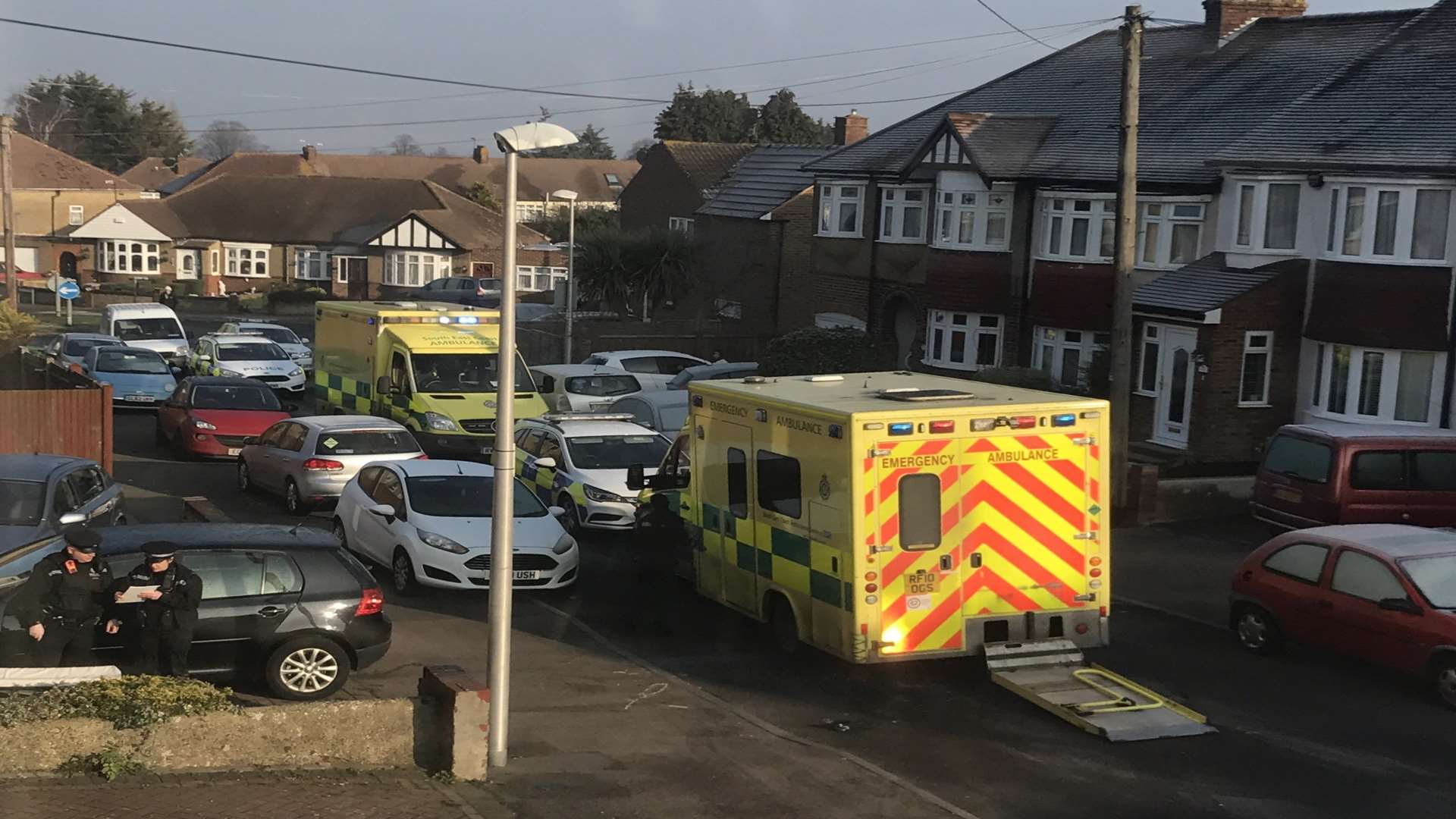 Emergency services in Grafton Avenue after the attack