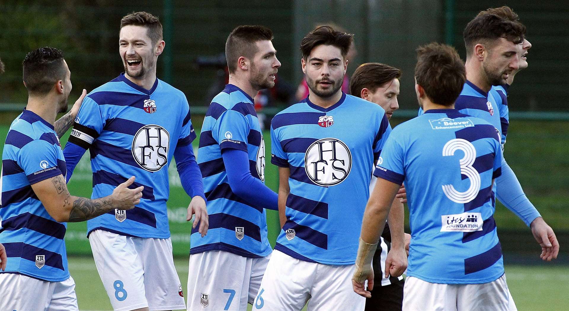 Sheppey celebrate after Dan Bradshaw scores one of his two penalties in their 7-1 victory at K Sports. Picture: Sean Aidan