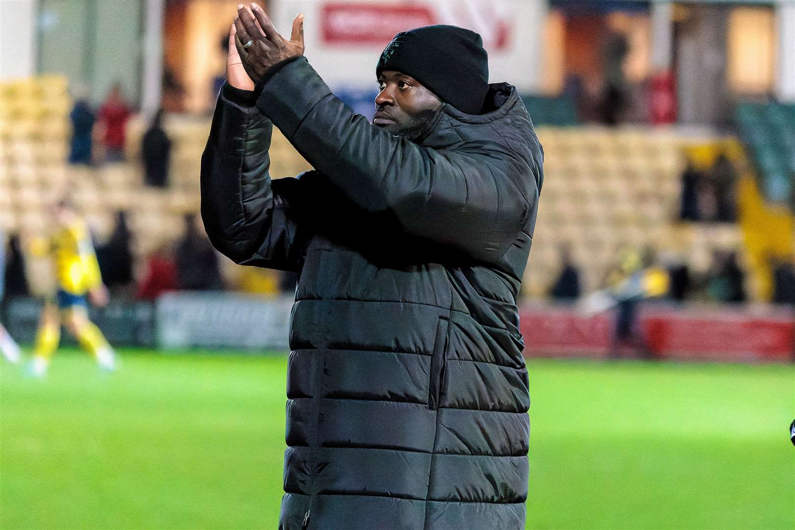 Maidstone United manager George Elokobi thanks the travelling fans after the 1-1 draw with Torquay. Picture: Helen Cooper