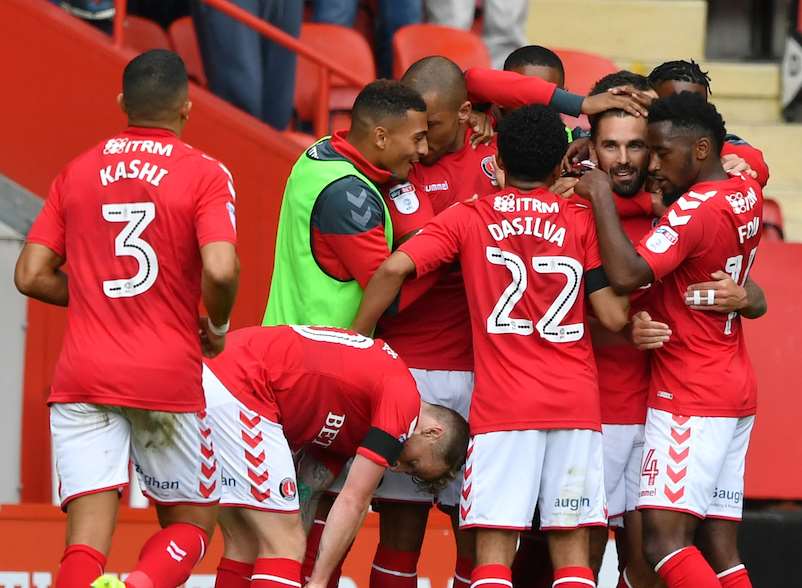 Charlton celebrate Ricky Holmes' goal. Picture: Keith Gillard