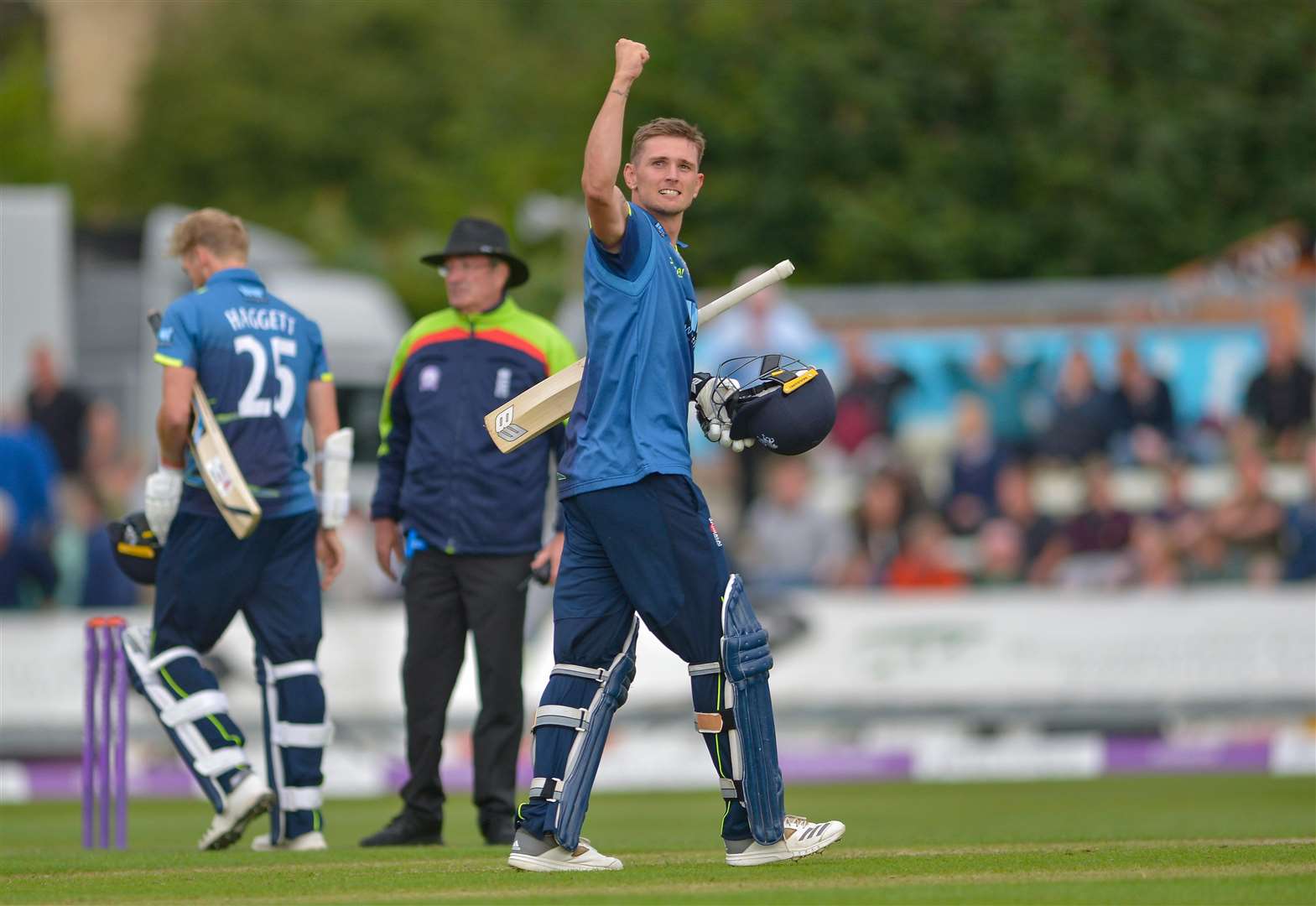 Kent's Harry Podmore celebrates hitting the winning runs. Picture: Ady Kerry.