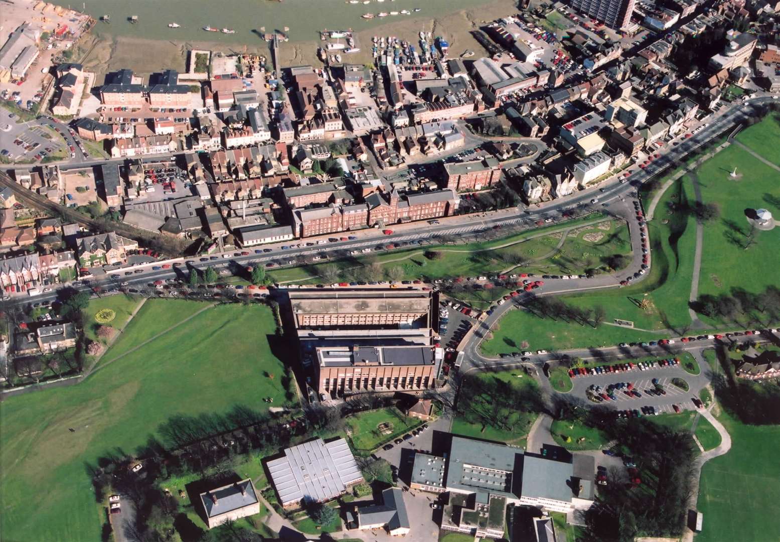 A view of Fort Pitt Grammar School for Girls, The Medway College of Art, (now UCLA) St Barts Hospital, and Rochester (east) High Street