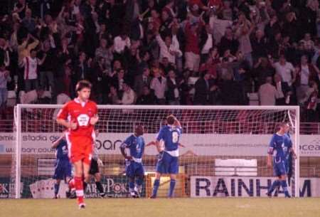 Gillingham's players are distraught after Orient's equaliser. Picture: MATTHEW READING