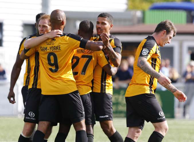 Maidstone celebrate Zavon Hines' opener Picture: Andy Jones