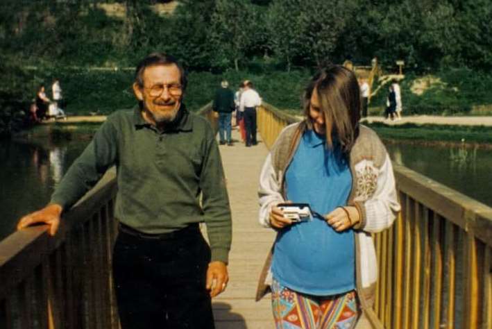 Jenny, who was pregnant at the time, with her dad on the bridge