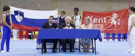 From left: Klemen Bedenik, President of the Slovenian Federation of Gymnastics, Bill Hayton, chairman of KCC, and Fef Griffin, Director of Pegasus Gymnastics.