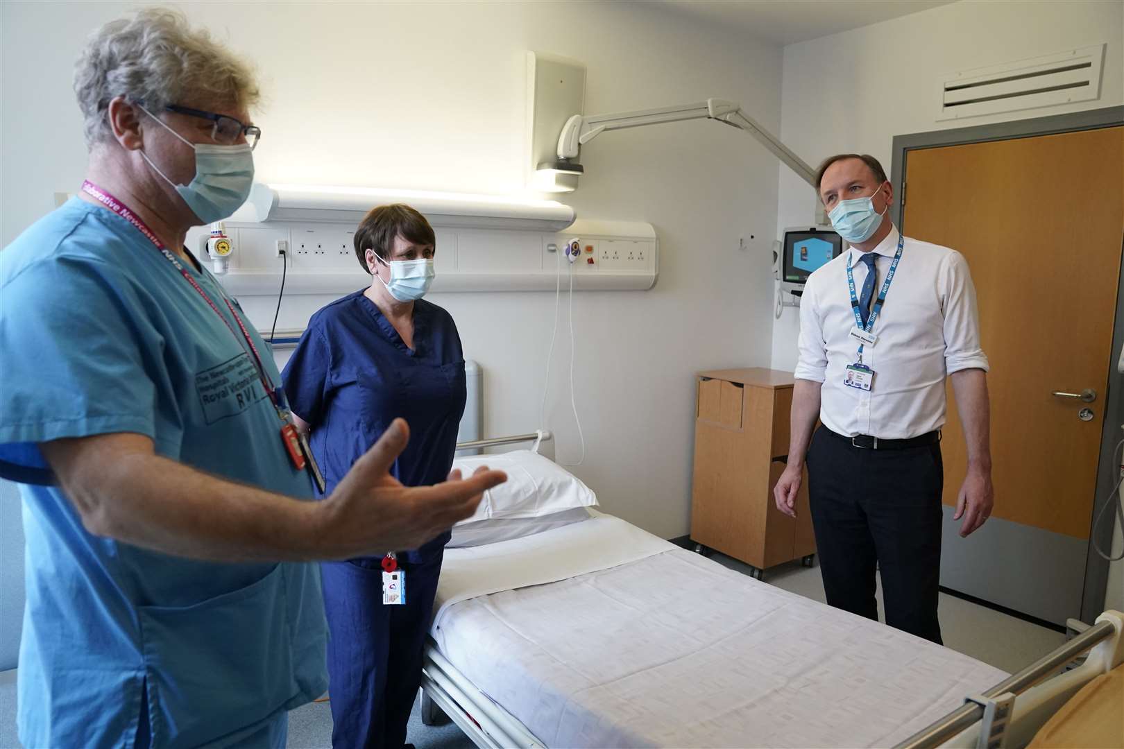 Chief executive of the NHS in England, Sir Simon Stevens, meets Dr Matthias Schmid at the Royal Victoria Infirmary in Newcastle (Owen Humphreys/PA)