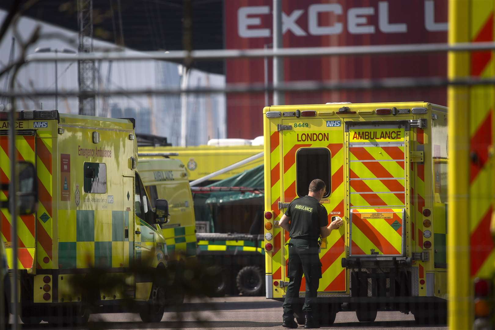 Ambulances outside the NHS Nightingale Hospital at the ExCel centre in London (Victoria Jones/PA Wire)