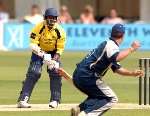 Rob Key prevents Shivnarine Chanderpaul running. Picture: BARRY GOODWIN