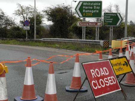 Signs at Brenley Corner tell motorists the Thanet Way is shut between Faversham and Whitstable.