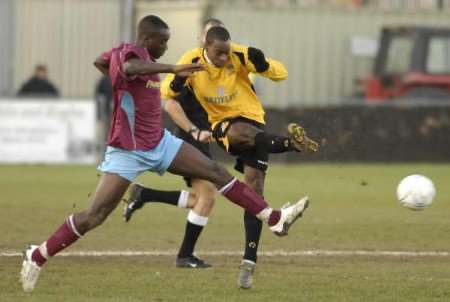 Steffan Gaisie fires in a shot on goal during Maidstone's 1-1 draw with Hastings