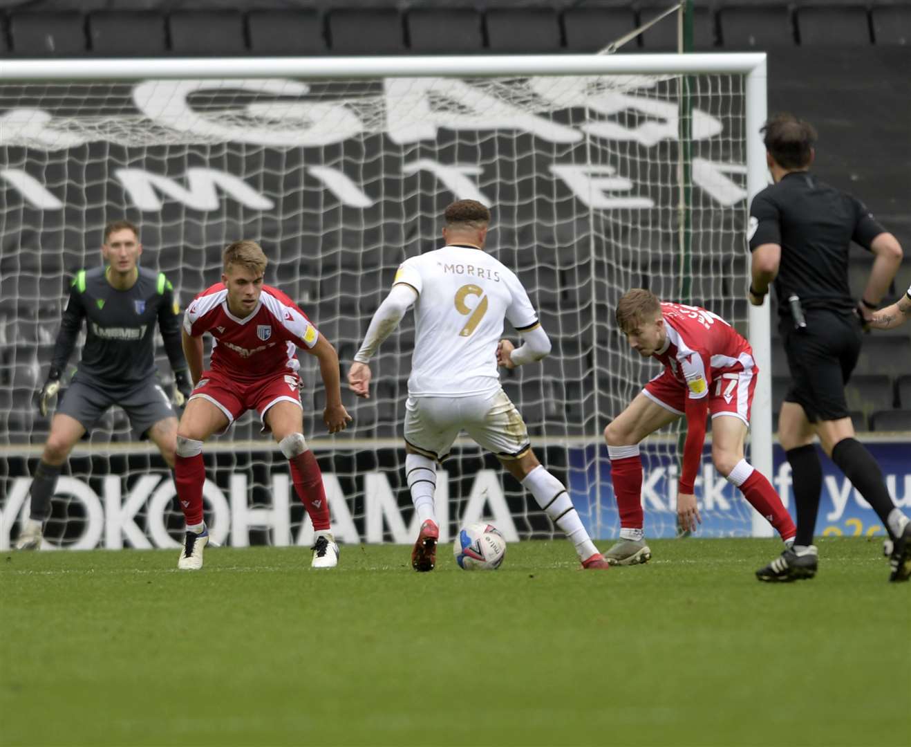 Jack Bonham ready for action behind the Gillingham defence Picture: Barry Goodwin