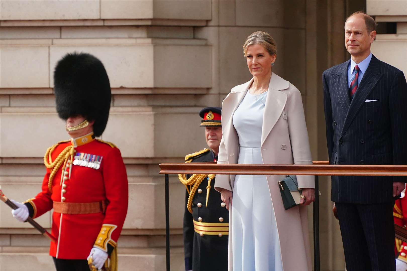 The Duke and Duchess of Edinburgh, on behalf of the King, watching the Changing the Guard to mark the 120th anniversary of the Entente Cordiale (Victoria Jones/PA)