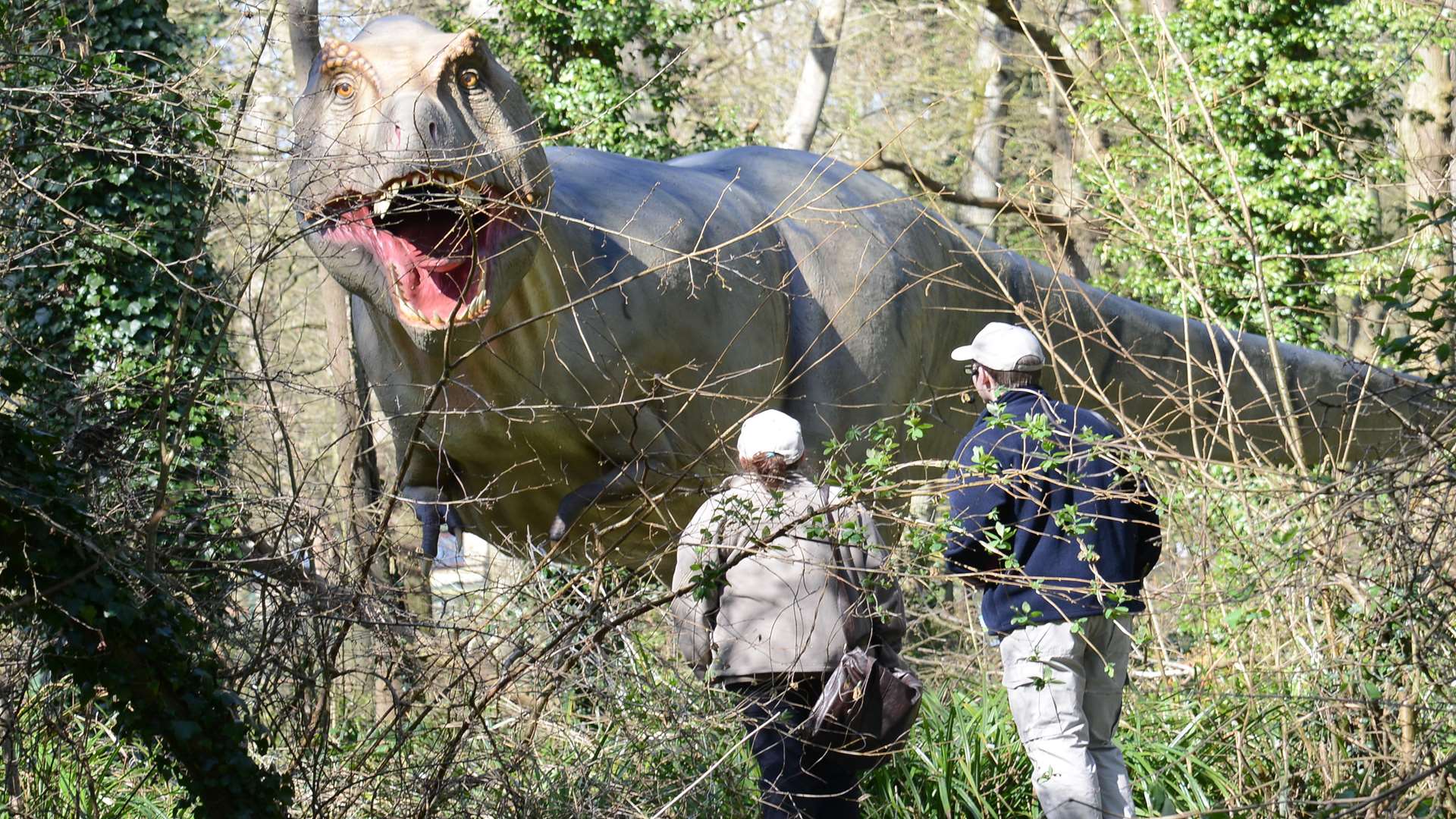 Up close and personal - visitors in the new Dinosaur Forest at Port Lympne Reserve.