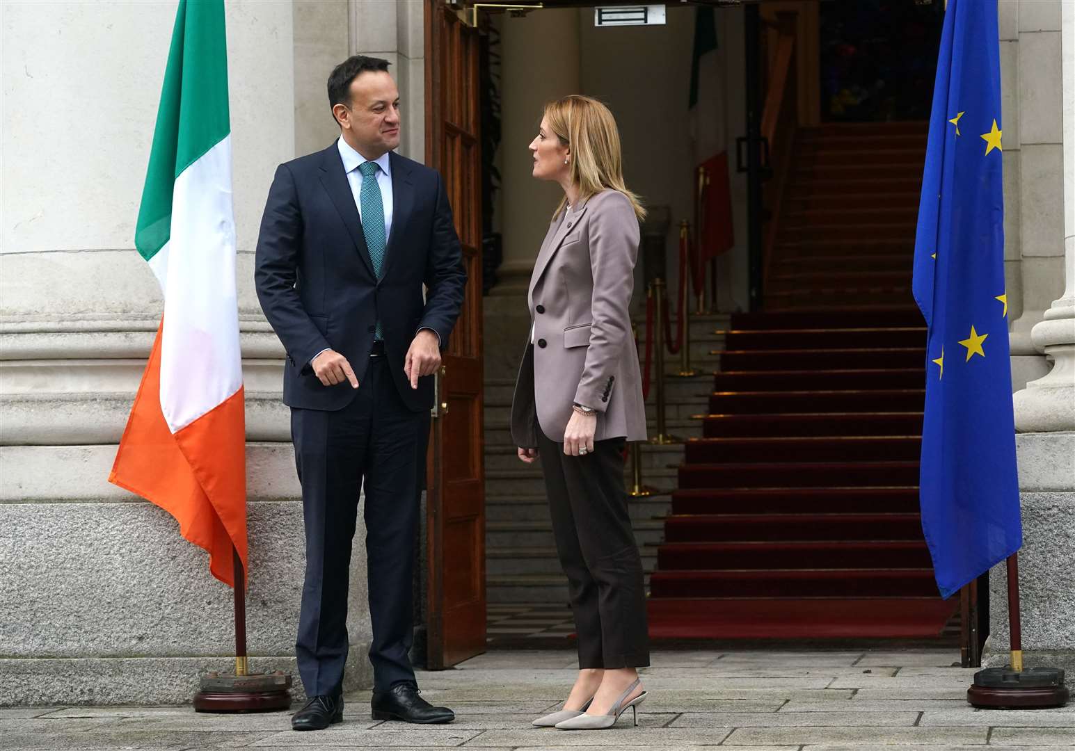 Taoiseach Leo Varadkar welcomes President of the European Parliament, Roberta Metsola, to Government Buildings in Dublin, during her two-day visit to the Republic of Ireland (Brian Lawless/PA)