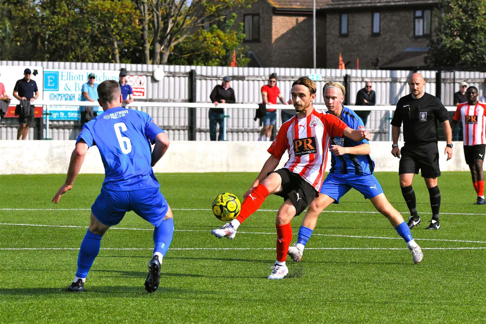 Sheppey's Jacob Lambert is put under pressure by Steyning Town at Holm Park on Saturday Picture: Marc Richards