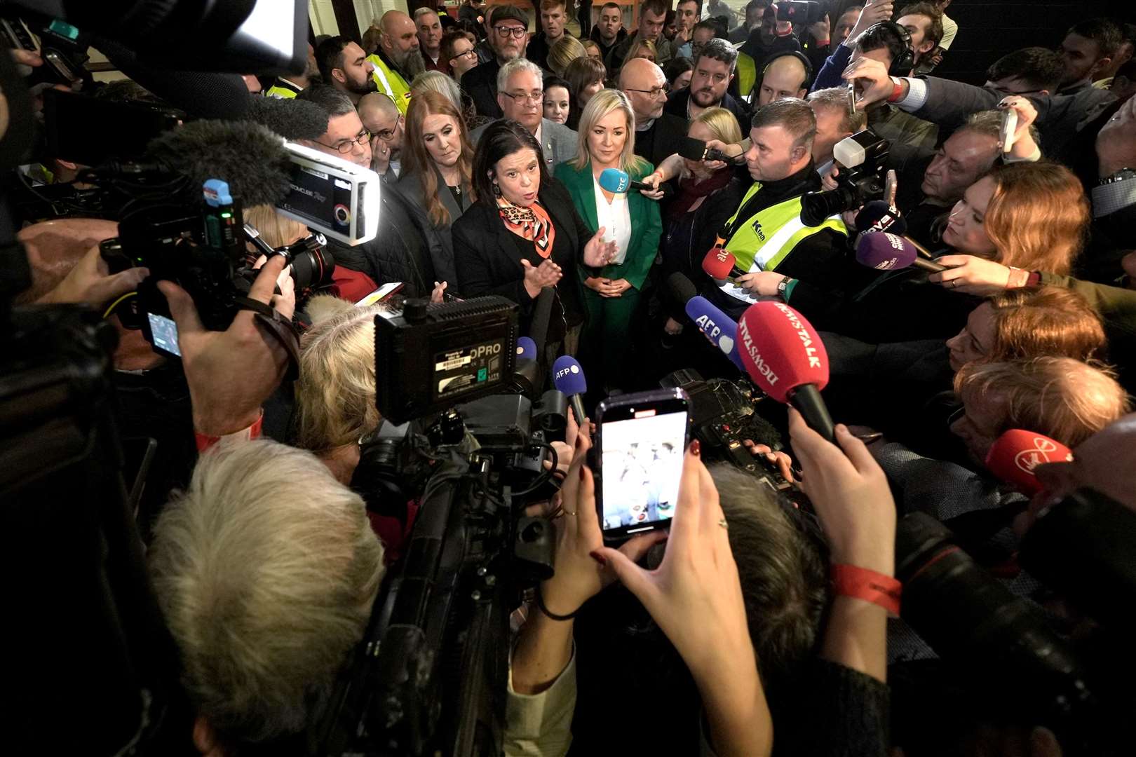 Sinn Fein president Mary Lou McDonald and deputy president Michelle O’Neill speak to the media at the RDS in Dublin (Brian Lawless/PA)