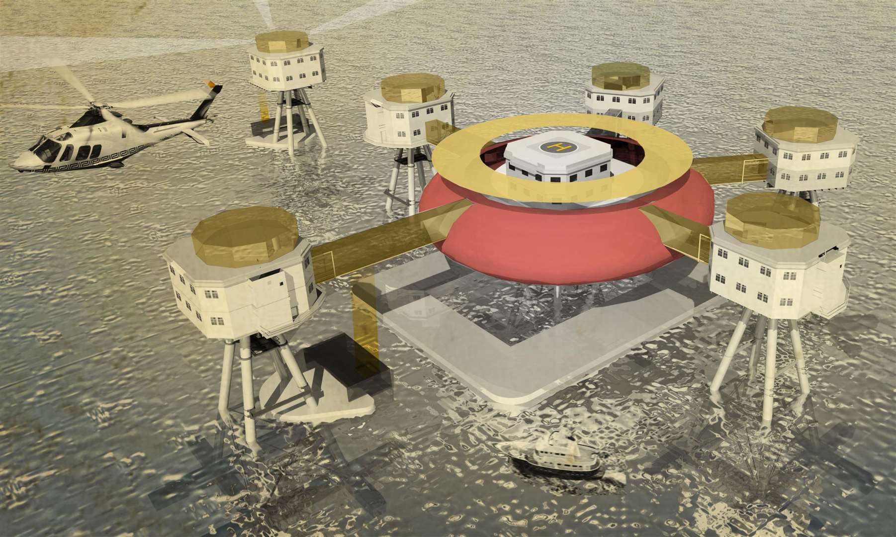 How the Maunsell Forts could have looked as a luxury hotel with a helipad, according to Aros Architects