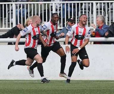 Sheppey forward Dean Grant leads the celebrations after his late winner in the Kent Senior Trophy final Picture: PSP Images