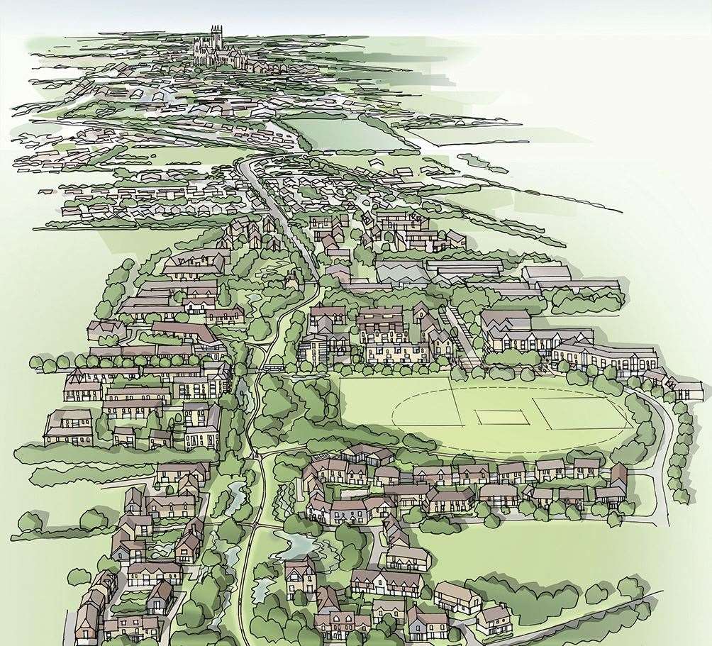 Looking at the proposed Mountfield Park estate up towards the city, with the Cathedral in the background